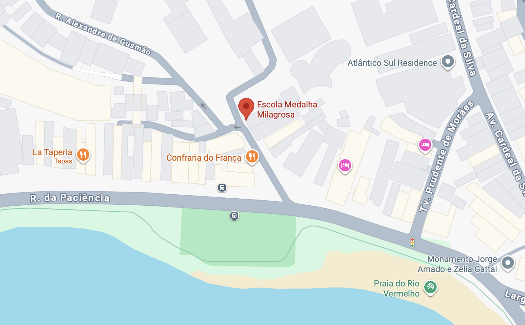Mapa com a localização da Escola Medalha Milagrosa no Rio Vermelho